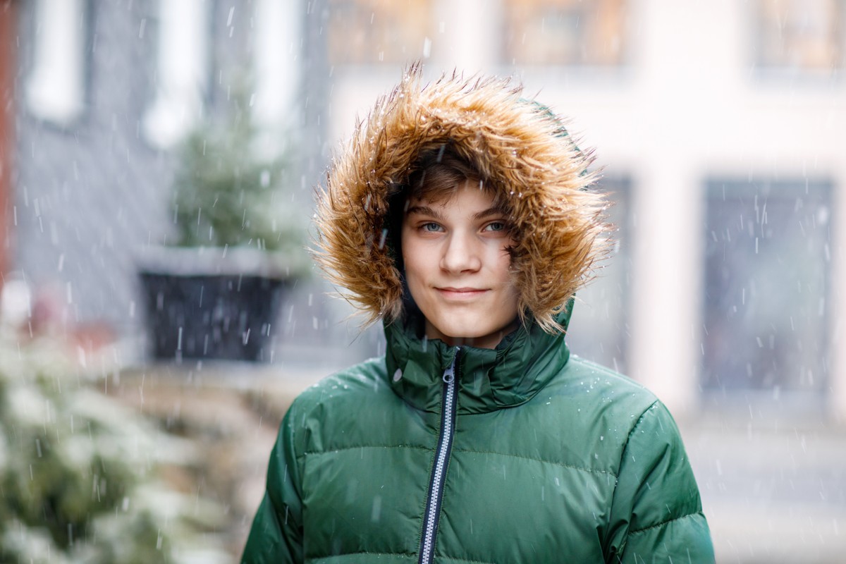 dziecko, uczeń, zima, kurtka zimowa, kurtka, deszcz, śnieg