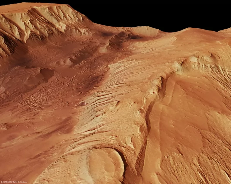 Perspektywa obszaru Candor Chasma, która powstała na podstawie obrazów przechwyconych przez sondę Mars Express w 2016 r.
