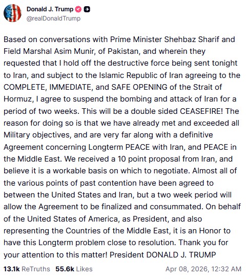 Wpis Donalda Trump na platformie Truth Social