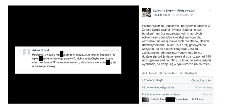 Wpisy na koncie Karoliny Korwin-Piotrowskiej na Facebooku