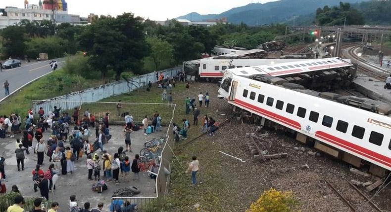 All eight carriages on the Puyuma Express train in Taiwan were derailed and five flipped onto their side in the accident