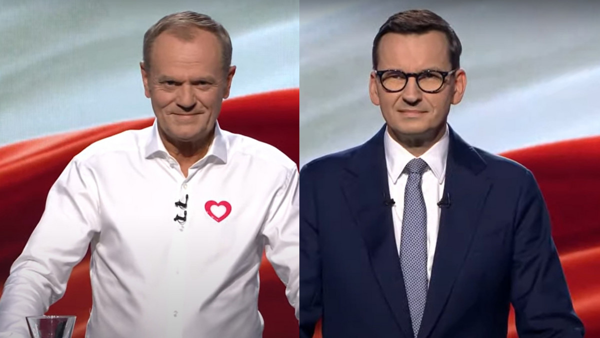Donald Tusk, Mateusz Morawiecki podczas debaty wuborczej TVP