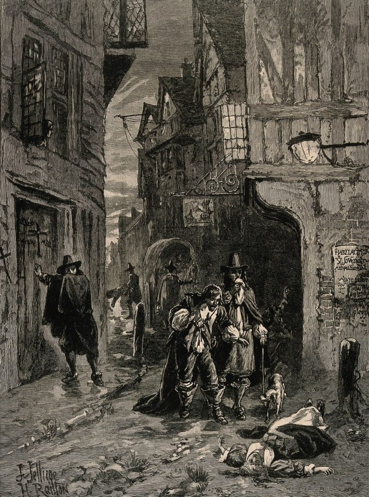 Zatkane pory miały rzekomo chronić przed morowym powietrzem Na ilustracji odkrycie ofiary wielkiej zarazy w Londynie z lat 1665–1666.