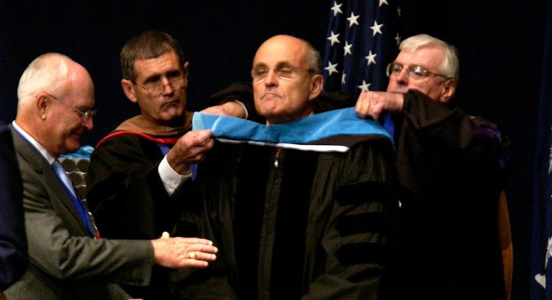Rudy Giuliani receives an honorary degree of doctor of public administration during the graduation ceremony at The Citadel military college May 5, 2007 in Charleston, South Carolina.Stephen Morton/Getty Images