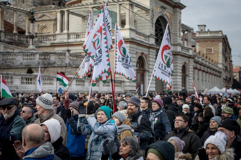 Zwolennicy Jobbiku na proteście. Budapeszt, 19 stycznia 2019 r.