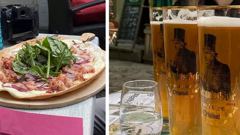 Po lewej: tradycyjne Flammkuchen, po prawej: lipskie piwo Gose z solą i kolendrą