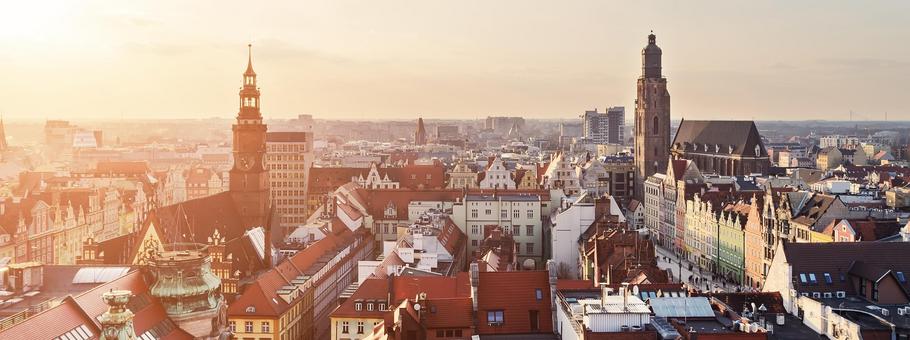 Panorama of the city skyline at sunset Wroclaw, Poland
