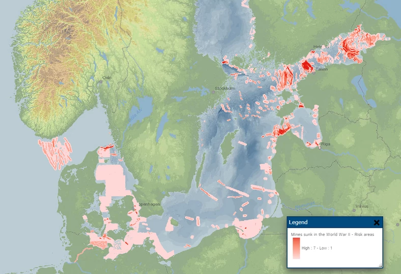 Mapa prezentuje miejsca, w których zostały zatopione ładunki wybuchowe z czasów II wojny światowej