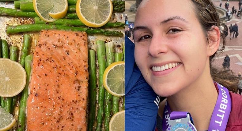 A salmon filet (left) and the author after a 15k race (right)Julia Pugachevsky