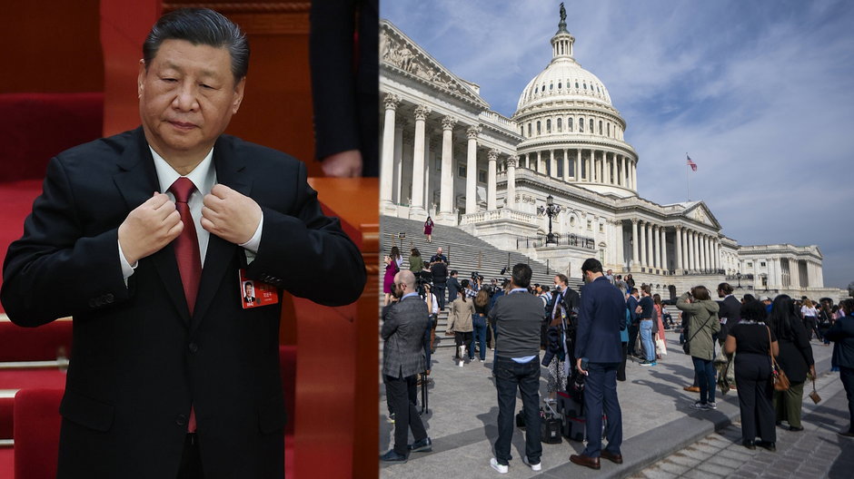 Po lewej przywódca Chin Xi Jinping podczas sesji Narodowego Kongresu Ludowego (NPC) w Pekinie, 11 marca 2024 r. Po prawej budynek Kongresu USA, w którym odbywało się głosowanie nad ustawą o pomocy zagranicznej, 20 kwietnia 2024 r.