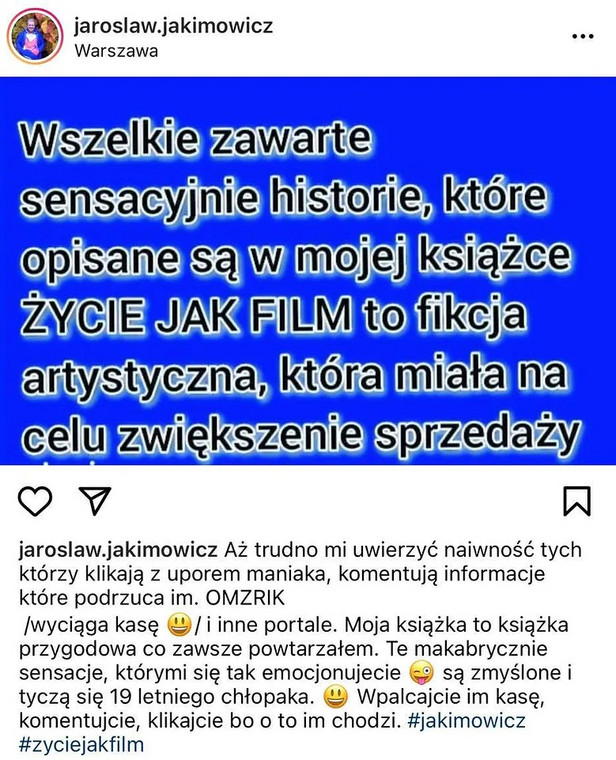 Jarosław Jakimowicz dodał dziwny wpis na Instagramie