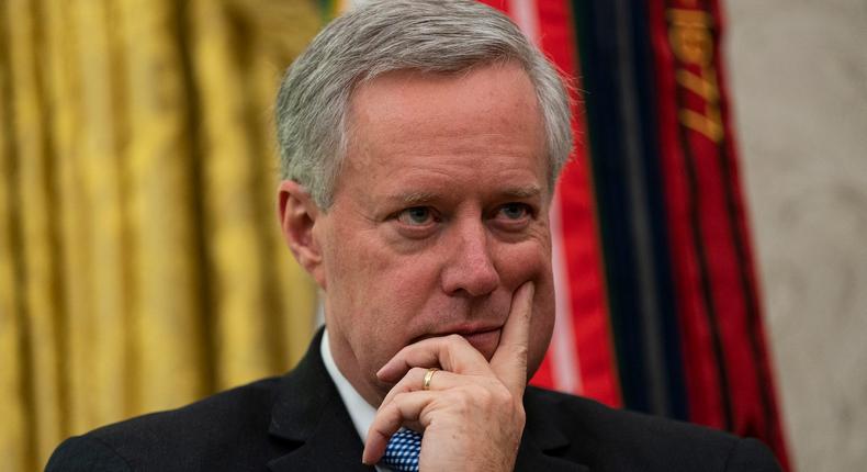Then-White House chief of staff Mark Meadows looks on in the Oval Office in April 2020.
