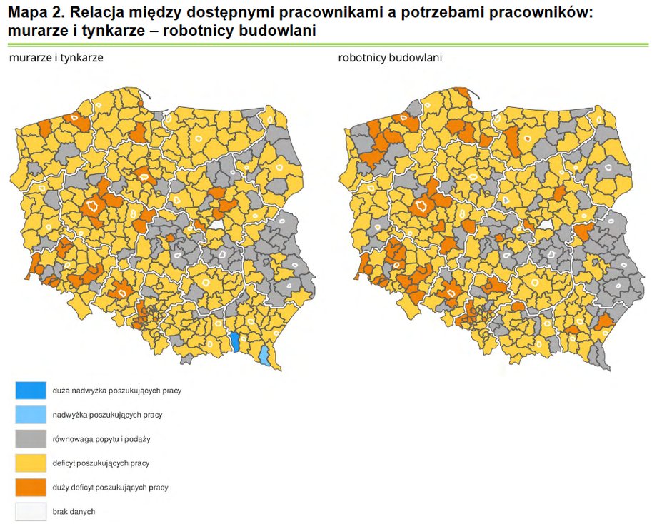 Deficyty murarzy i tynkarzy (po lewej) oraz pracowników budowlanych w Polsce w 2020 r.