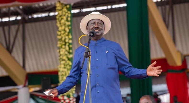 Former Prime Minister Raila Odinga during the 2021 Mashujaa Day celebrations at the Wang'uru Stadium in Kirinyaga County