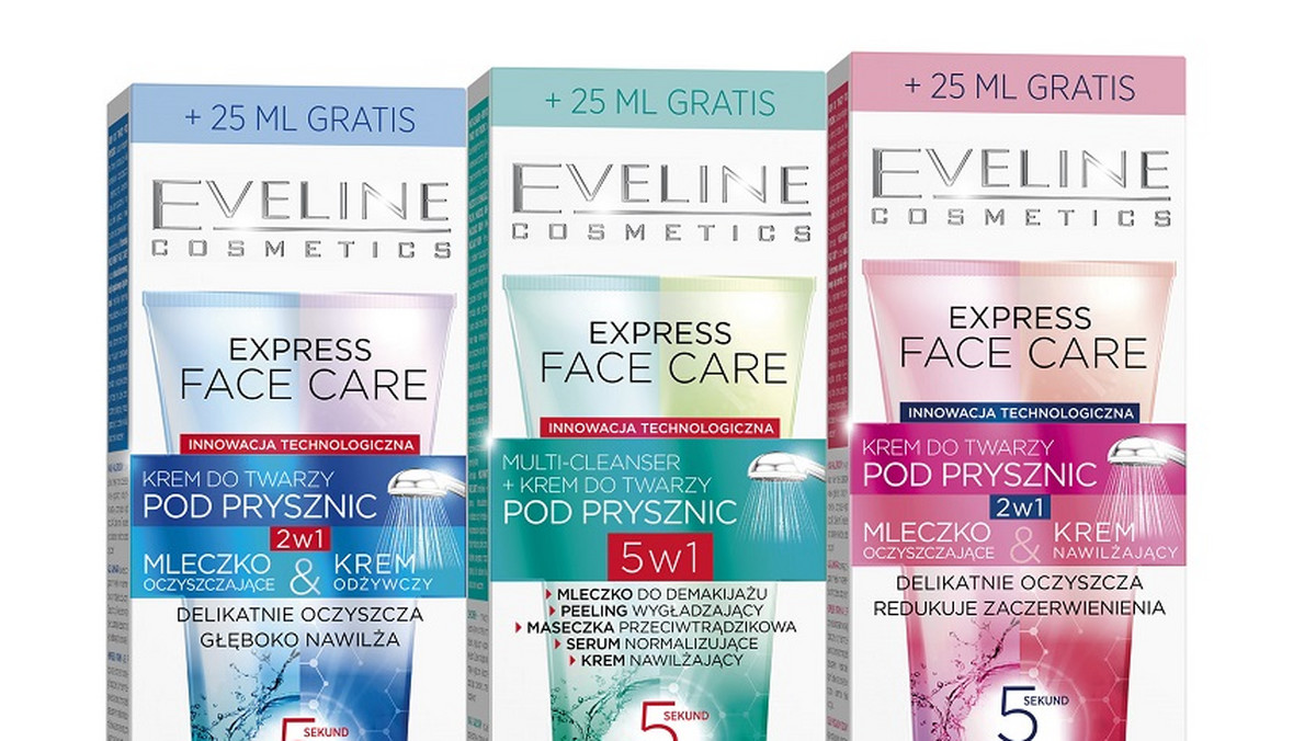 Eveline Cosmetics Express Face Care - kremy do twarzy pod prysznic, doskonale oczyszczają twarz, proste w użyciu i łagodne dla skóry. Po zakończeniu kąpieli skóra twarzy jest nieskazitelna, wygładzona, odżywiona i natychmiast nawilżona. Marka Eveline wprowadza trzy typy kremów pod prysznic przeznaczone do oczyszczania cery tłustej i mieszanej, normalnej i wrażliwej oraz suchej naczynkowej. Seria Express Face Care poza innowacyjnymi rozwiązaniami wynikającymi z zestawienia idealnie skomponowanych pod względem pielęgnacyjnym preparatów to doskonała opcja dla kobiet, które pragną precyzji i szybkości demakijażu.