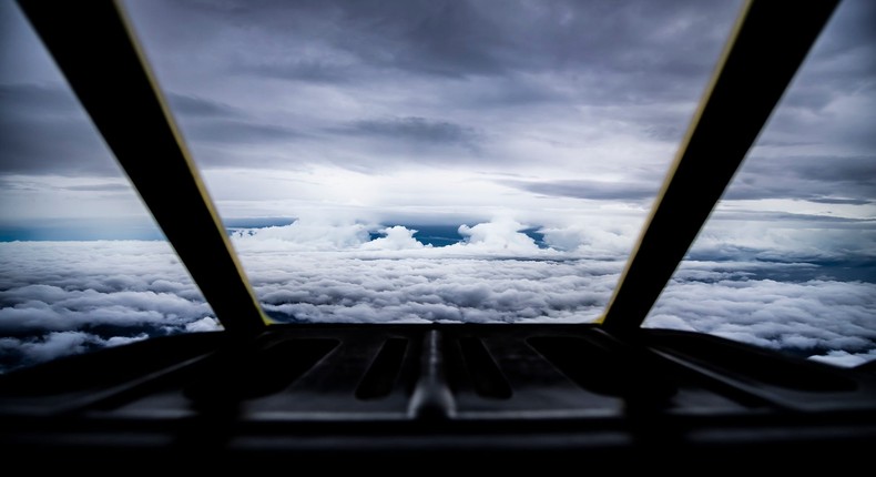 A U.S. Air Force HC-130J Hercules aircraft approaches the edge of Hurricane Florence in a September 2018 mission.Tech. Sgt. Chris Hibben/US Air Force