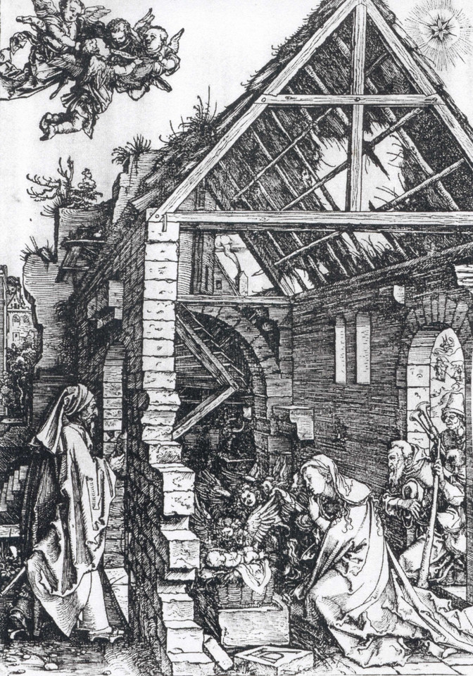 Albrecht Dürer - "Boże Narodzenie" z cyklu "Życie Marii". Grafika do dzisiaj nie została odnaleziona, prawdopodobnie znajduje się w którymś z amerykańskich muzeów