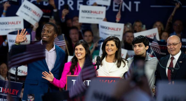 Nikki Haley (center) with (from the left) Joshua Jackson, daughter Rena, son Nalin, and husband Michael Haley as she announced her candidacy for president in February 2023.Bill Clark/CQ-Roll Call, Inc via Getty Images