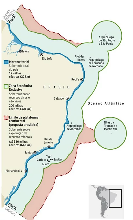Brazylijska wyłączna strefa ekonomiczna zaznaczona jest na zielono