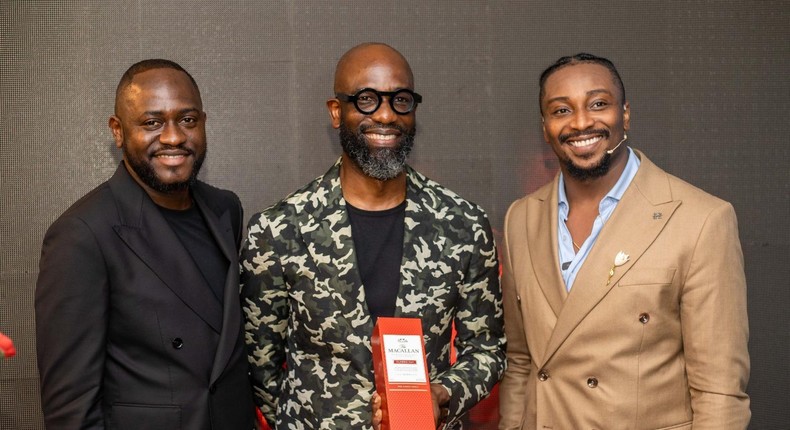 L-R: Brand Manager, Edrington Portfolio, Nigeria, Hammed Adebiyi; Creative Director, ATAFO, Mai Atafo and The Macallan Brand Educator and Ambassador, Lagos, Daniel Atteh during the unveiling of The Macallan Classic Cut 2023 Edition at the ATAFO Studio, Lekki, Lagos, on Sunday, May 12, 2024.