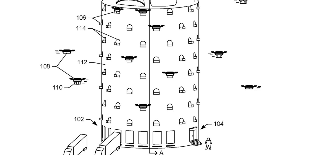 Wieża dla dronów dostawczych Amazona z wniosku patentowego