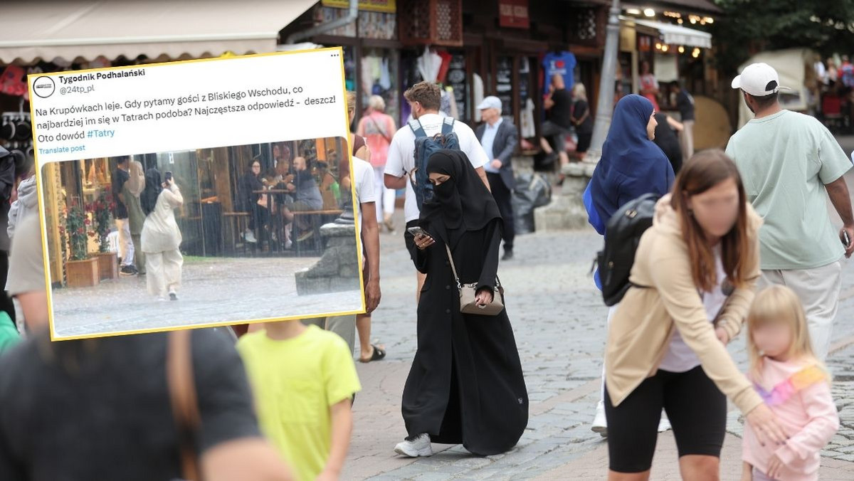 Turystka z Bliskiego Wschodu na Krupówkach. Lał deszcz, ona robiła zdjęcia