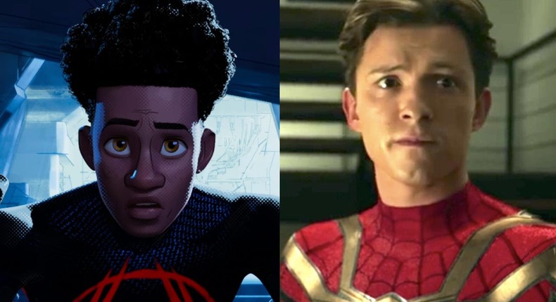 Miles Morales (Shameik Moore) in Spider-Man: Across the Spider-Verse and Peter Parker (Tom Holland) in Spider-Man No Way Home.Sony Pictures Animation / Columbia Pictures / Marvel Studios / Sony Pictures