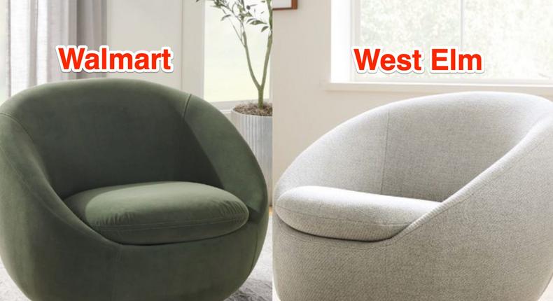 Walmart and West Elm swivel chairs. West Elm; Walmart