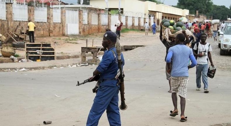 A policeman patrols the streets after a grenade attack of Burundi's capital Bujumbura, February 3, 2016. REUTERS/Jean Pierre Aime Harerimama