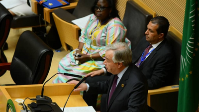 António Guterres speaking at the ordinary session of the African Union at its headquarters in Addis Ababa, Ethiopia, on Sunday, (twitter/antonioguterres)