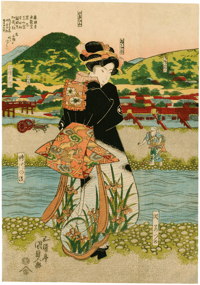Utagawa Kunisada, "Kurtyzany spacerujące brzegiem rzeki Shijogawara w Kioto"
ok. 1820—1825 (fragment tryptyku)
