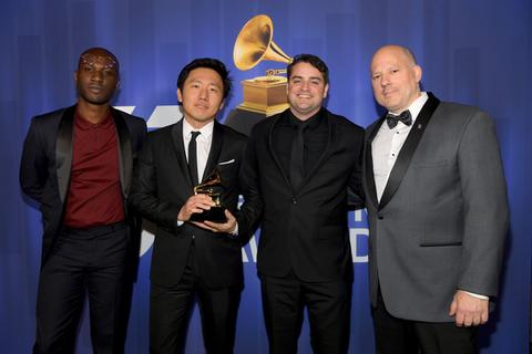 Ibra Ake, HiroMurai  and Jason Cole pose with the award for best music video for Childish Gambino's "This Is America" at the 61st annual Grammy Awards. (Photo by Chris Pizzello/Invision/AP)