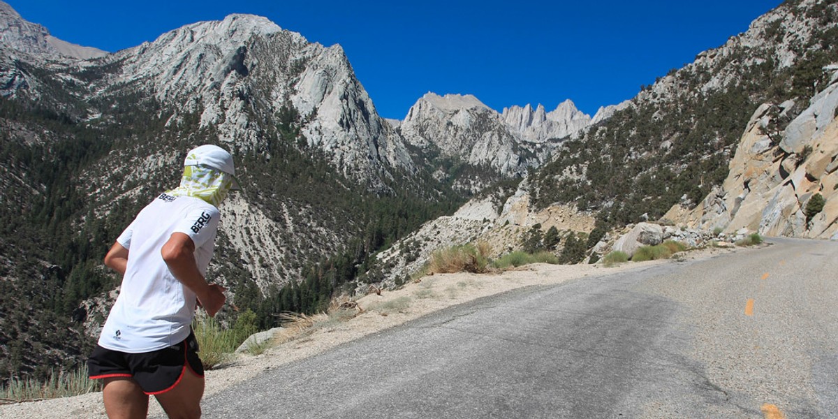 A runner in the middle of the Badwater Ultramarathon, a 135-mile run through Death Valley.