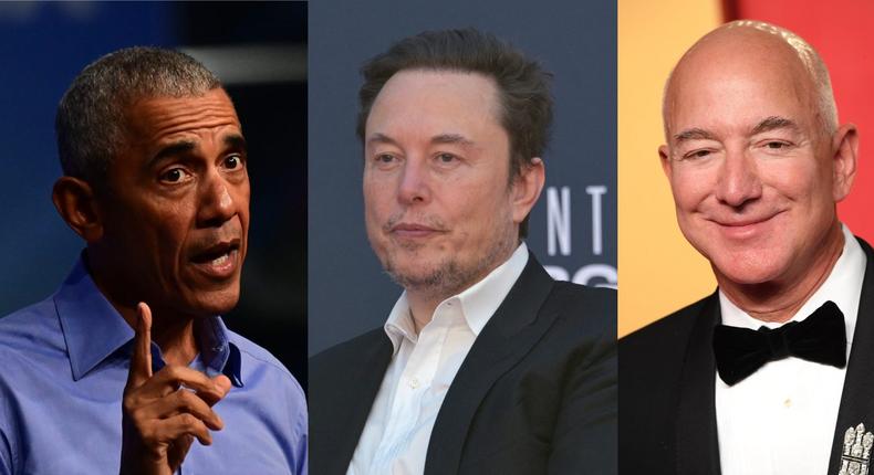 A photo montage shows Barack Obama (left) Elon Musk (middle) and Jeff Bezos (right).Mark Makela/Getty Images; Andreas Solaro/AFP via Getty Images; Steve Granitz/FilmMagic/Getty Images