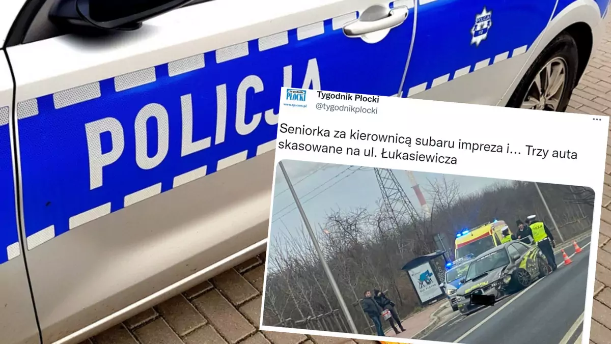 Wypadek w Płocku. Za kierownicą Subaru Impreza 64-latka. Uderzyła w inne auta [WIDEO] (fot. screen: Twitter/tygodnikplocki)