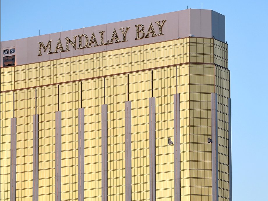 Broken windows on the 32nd floor of the Mandalay Bay Resort and Casino on October 2.