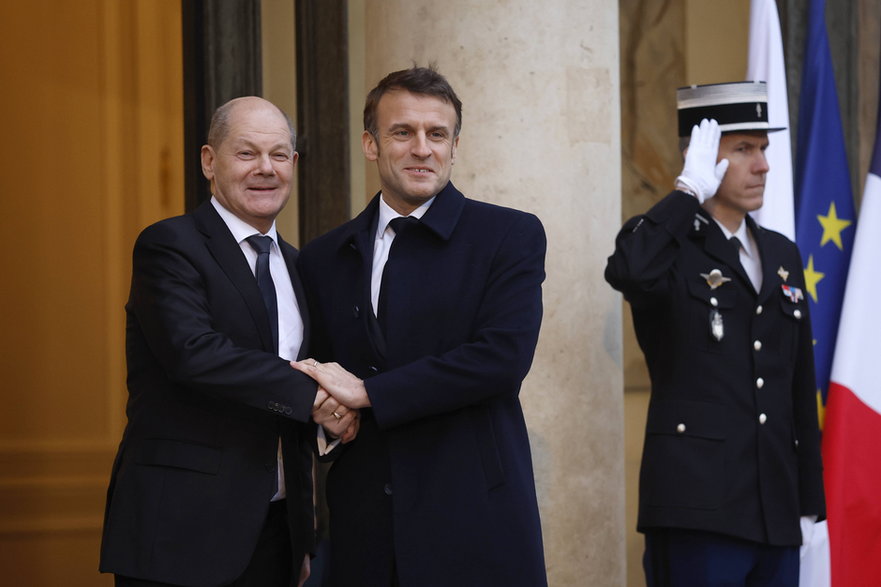 Olaf Scholz i Emmanuel Macron. Paryż, 26 lutego 2024 r.
