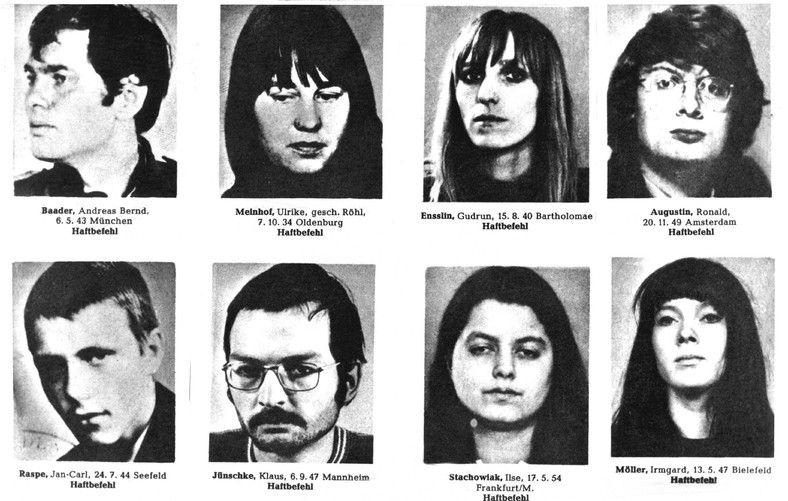 Zdjęcia członków RAF na policyjnym liście gończym - od lewej górny rząd: Andreas Baader, Ulrike Meinhof, Gudrun Ensslin and Ronald Augustin. dolny rząd od lewej: Jan-Carl Raspe, Klaus Juenschke, Ilse Stachowiak i Irmgard Mueller