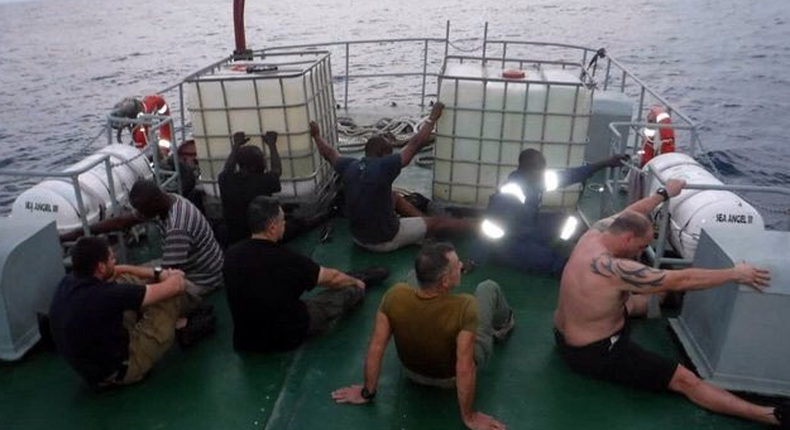 Nigerian Navy arrest American sea robber with his three Greek members,and their Nigerian accomplices. (Twitter/ovieali)