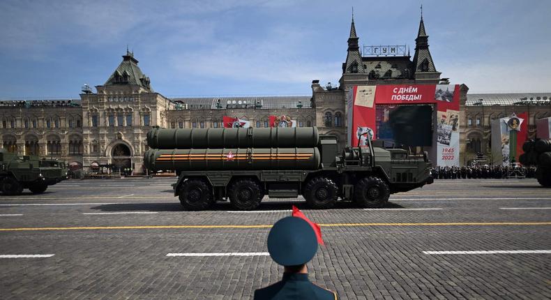 Russian S-400 missile air defence systems parade through Red Square during the general rehearsal of the Victory Day military parade in Moscow in May 2022.KIRILL KUDRYAVTSEV/AFP via Getty Images