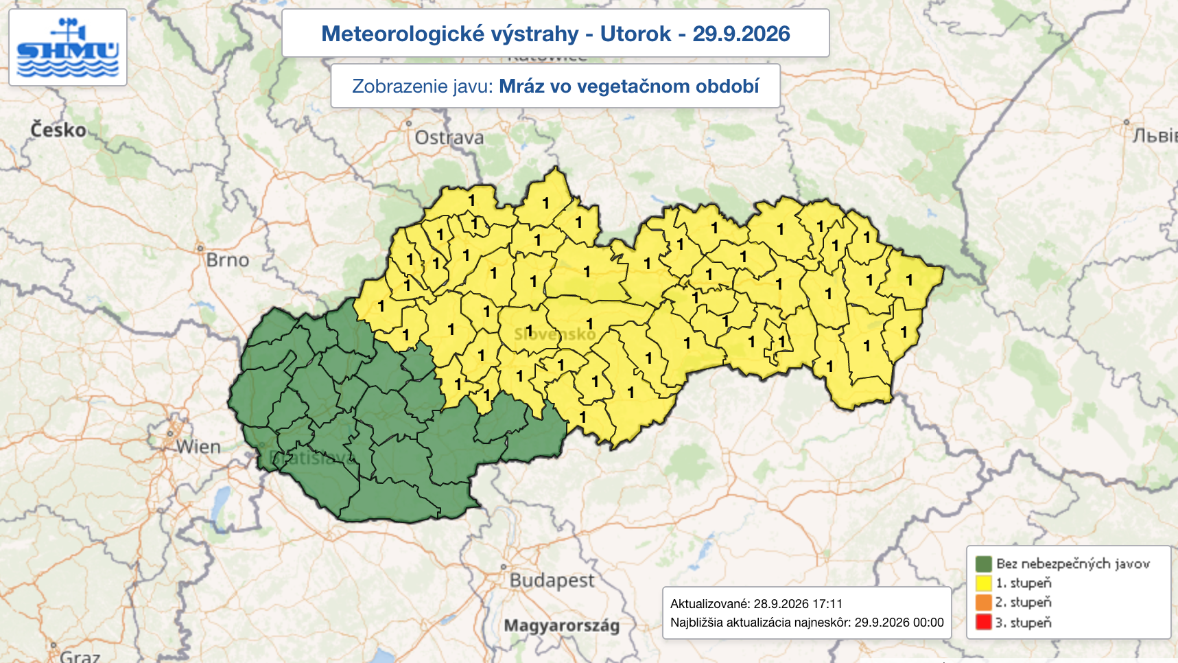 Meteorologické výstrahy na utorok 29.9.2026.