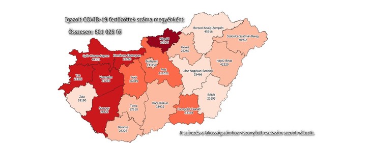 A koronavírus fertőzöttek száma megyénként / Fotó: koronavirus.gov.hu