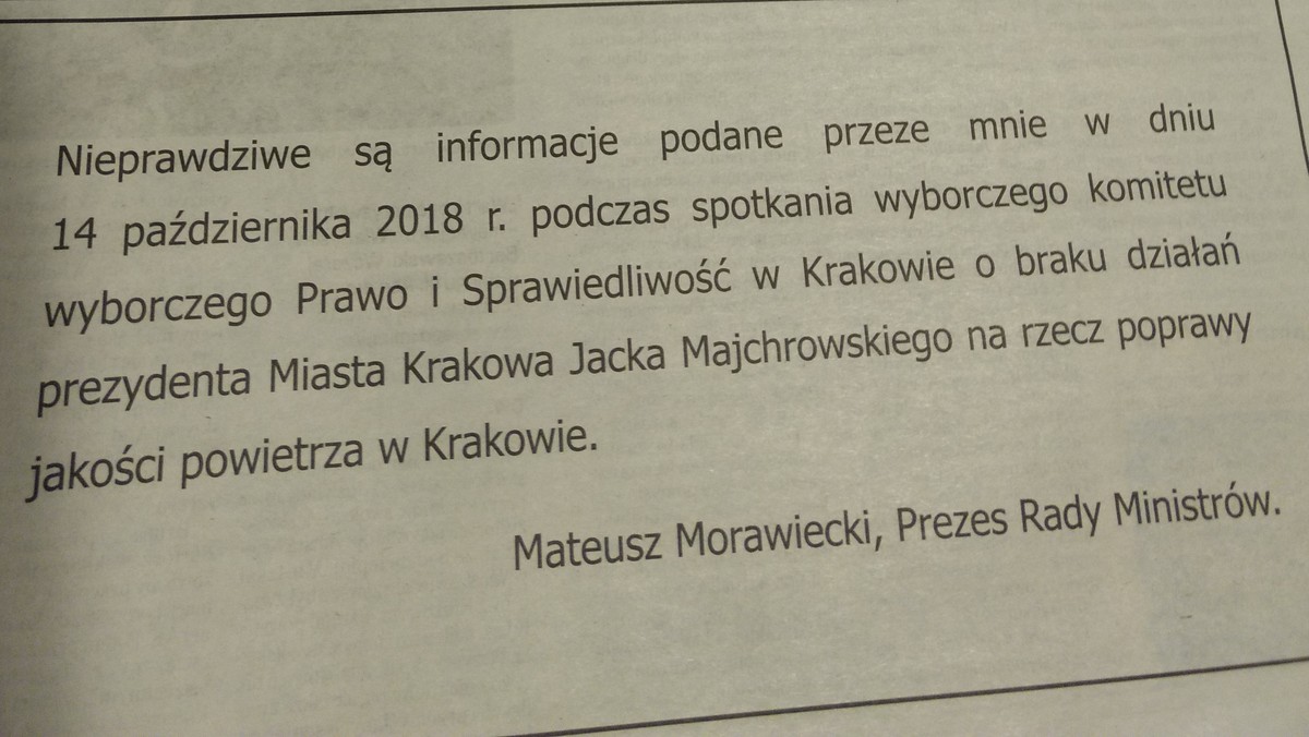 Mateusz Morawiecki sprostował wypowiedź nt. działań władz Krakowa ws. smogu