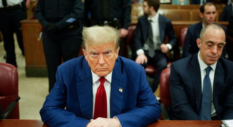 Former President Donald Trump looks on in the courtroom, during his trial for allegedly covering up hush money payments linked to extramarital affairs, in New York City, on April 29, 2024.Seth Wenig / POOL / AFP via Getty Images