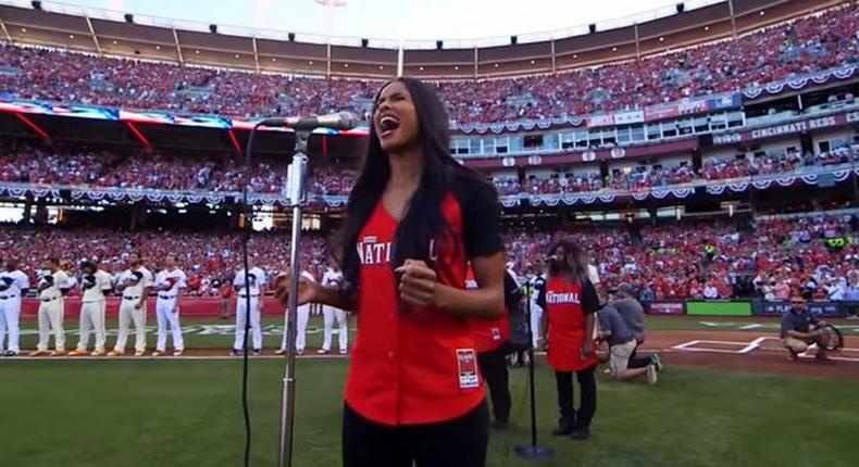 Ciara performin the national anthem at 2015 MLB All-Stars Game at the Great American Ball Park in Cincinnati, Ohio