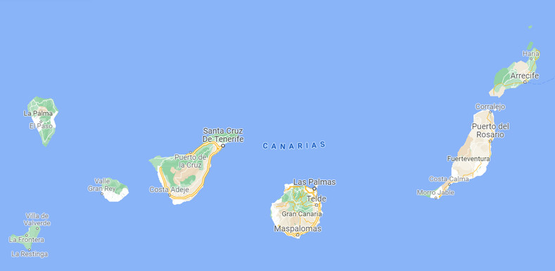 Mapa Wysp Kanaryjskich. Najstarsze wyspy są położone na wschodzie, zaś najmłodsze na zachodzie