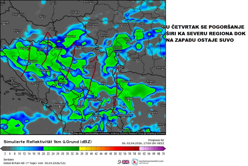 U četvrtak će se pogoršanje vremena proširiti ka severu