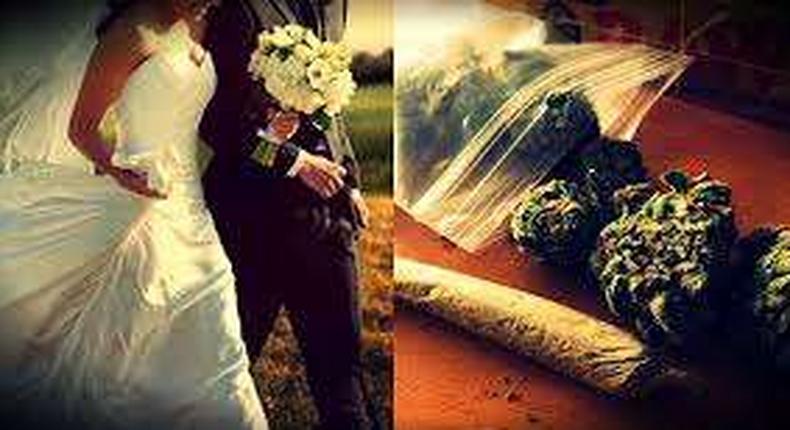 Rather than handing out alcoholic drinks at the outdoor reception, the man and wife hired a 'budtender' who presided over 13 hand-picked strains of cannabis by giving it to the guests.