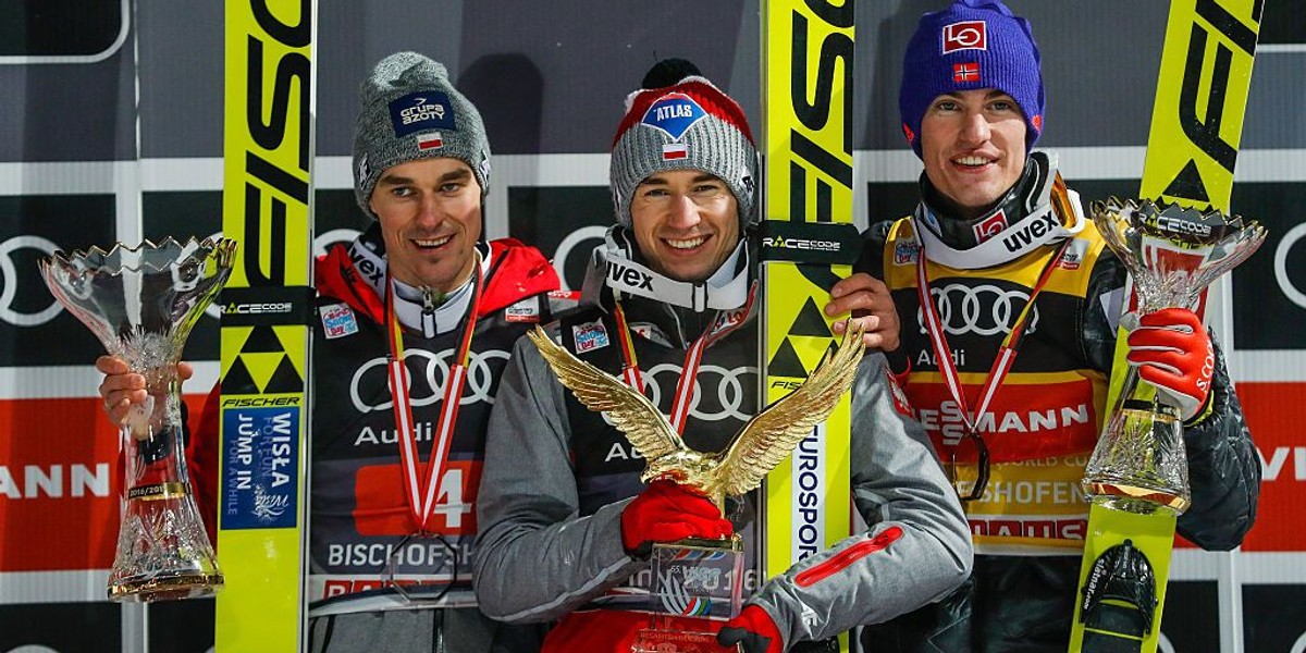 Piotr Żyła, Kamil Stoch i Daniel Andre Tande na podium