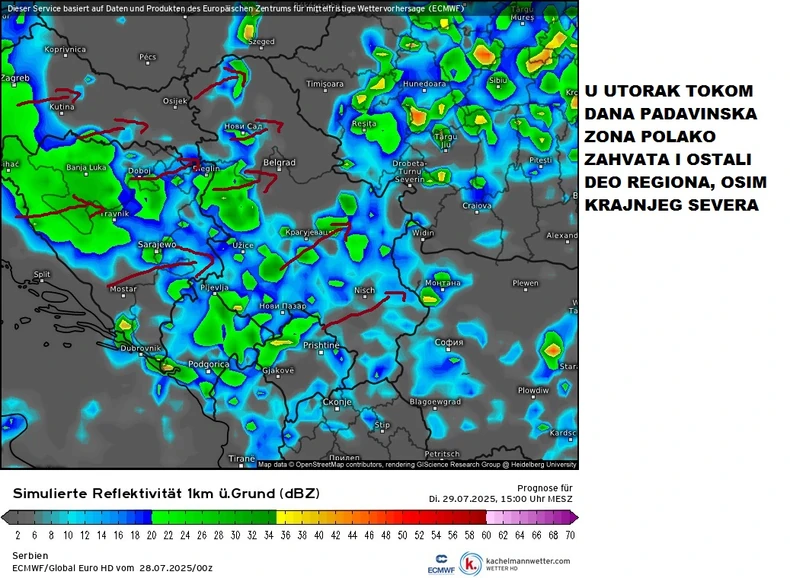 Mapa padavina za utorak
